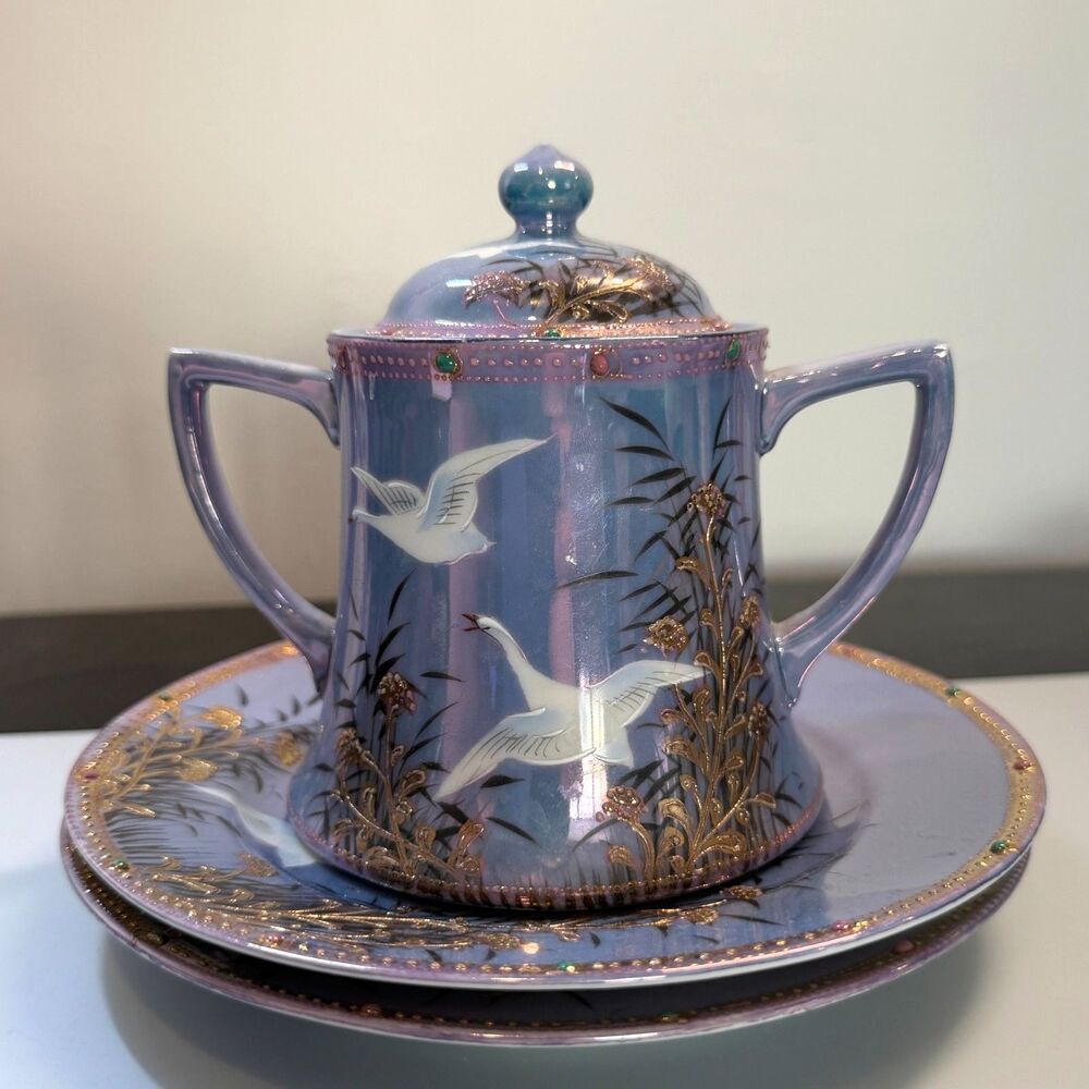 Vintage RS Japan Lusterware Swan Lake Sugar Bowl & Plates Set Art Deco